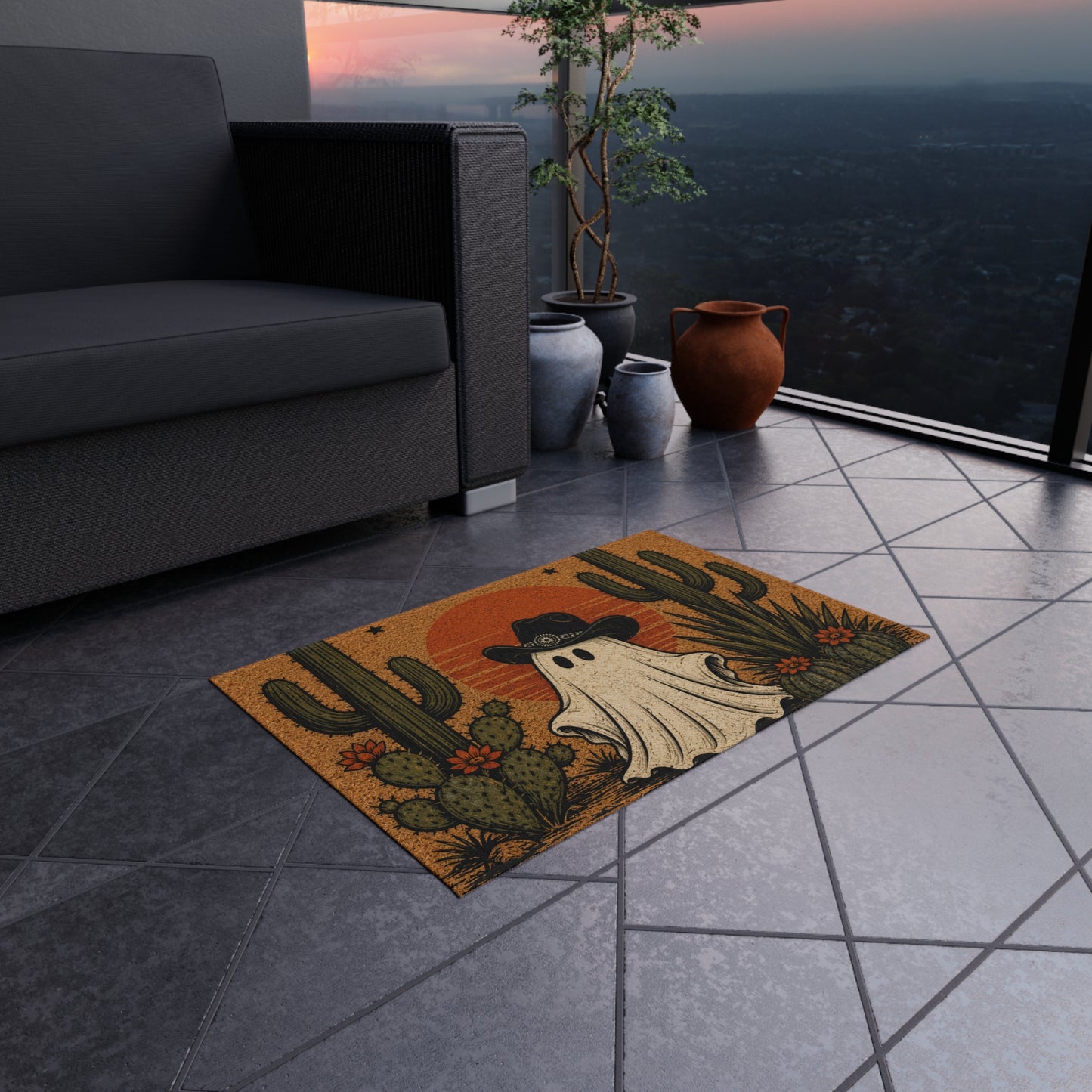 Halloween Desert Ghost Outdoor Rug — Cowboy Ghost Doormat with Cacti & Sunset