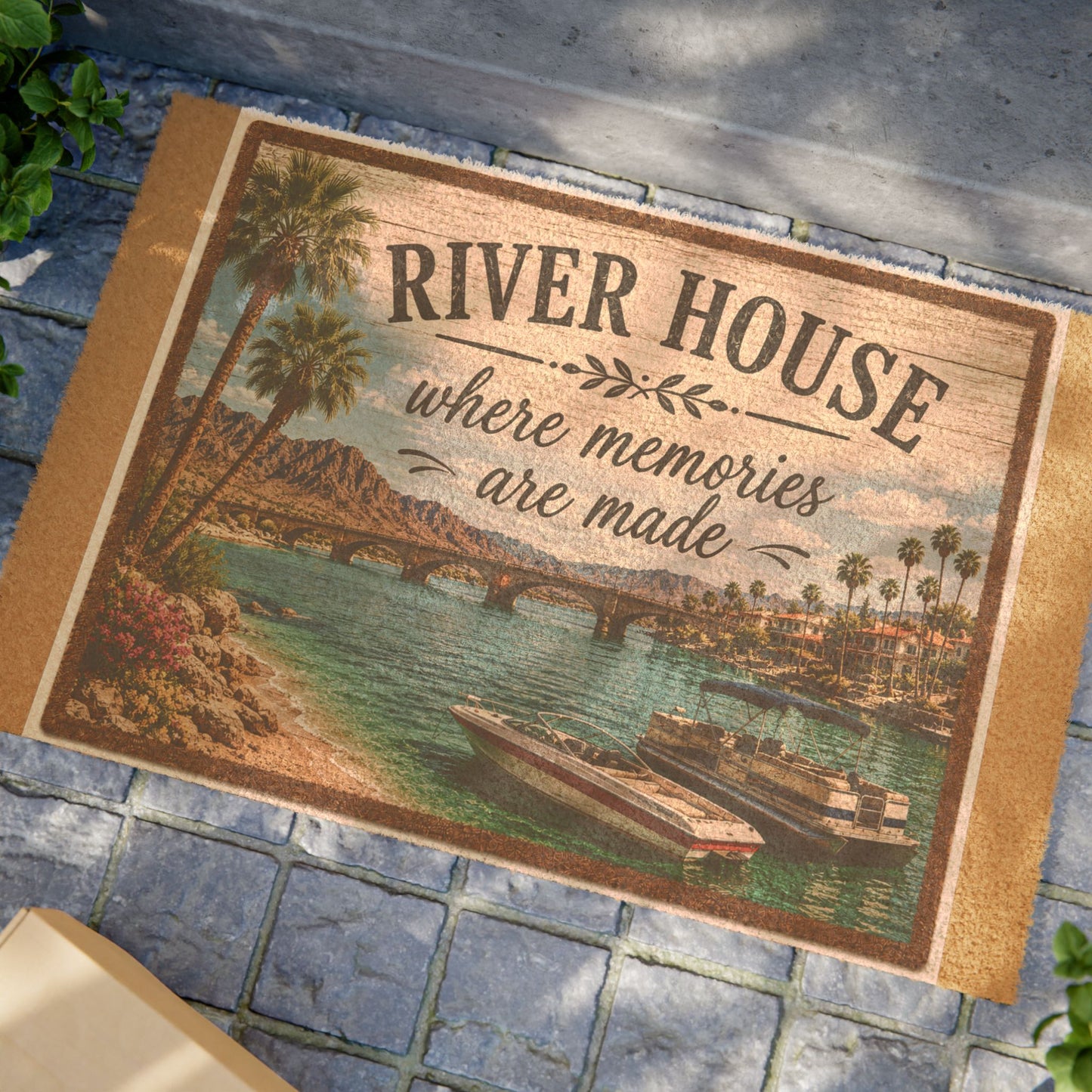 River House Doormat — "Where Memories Are Made" Vintage Riverside Welcome Mat