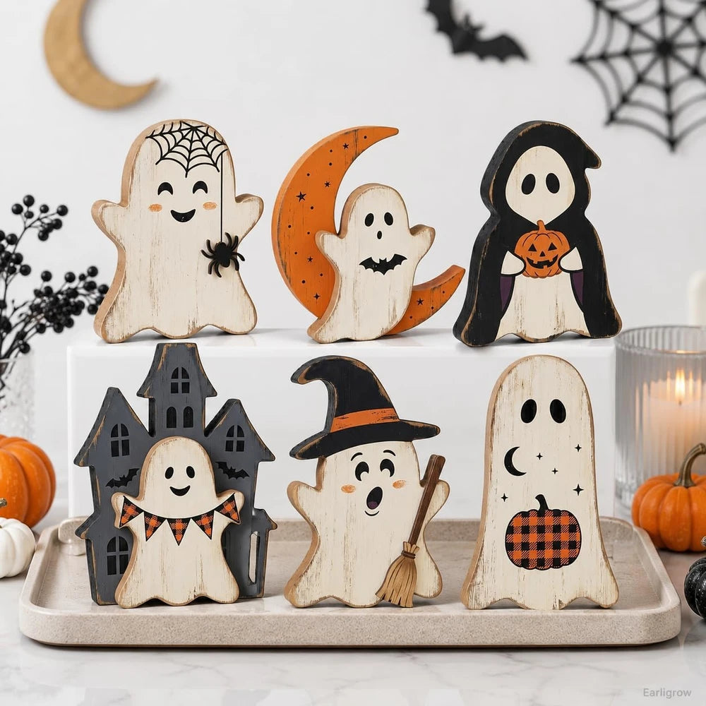 Rustic Wooden Halloween Ghost Set