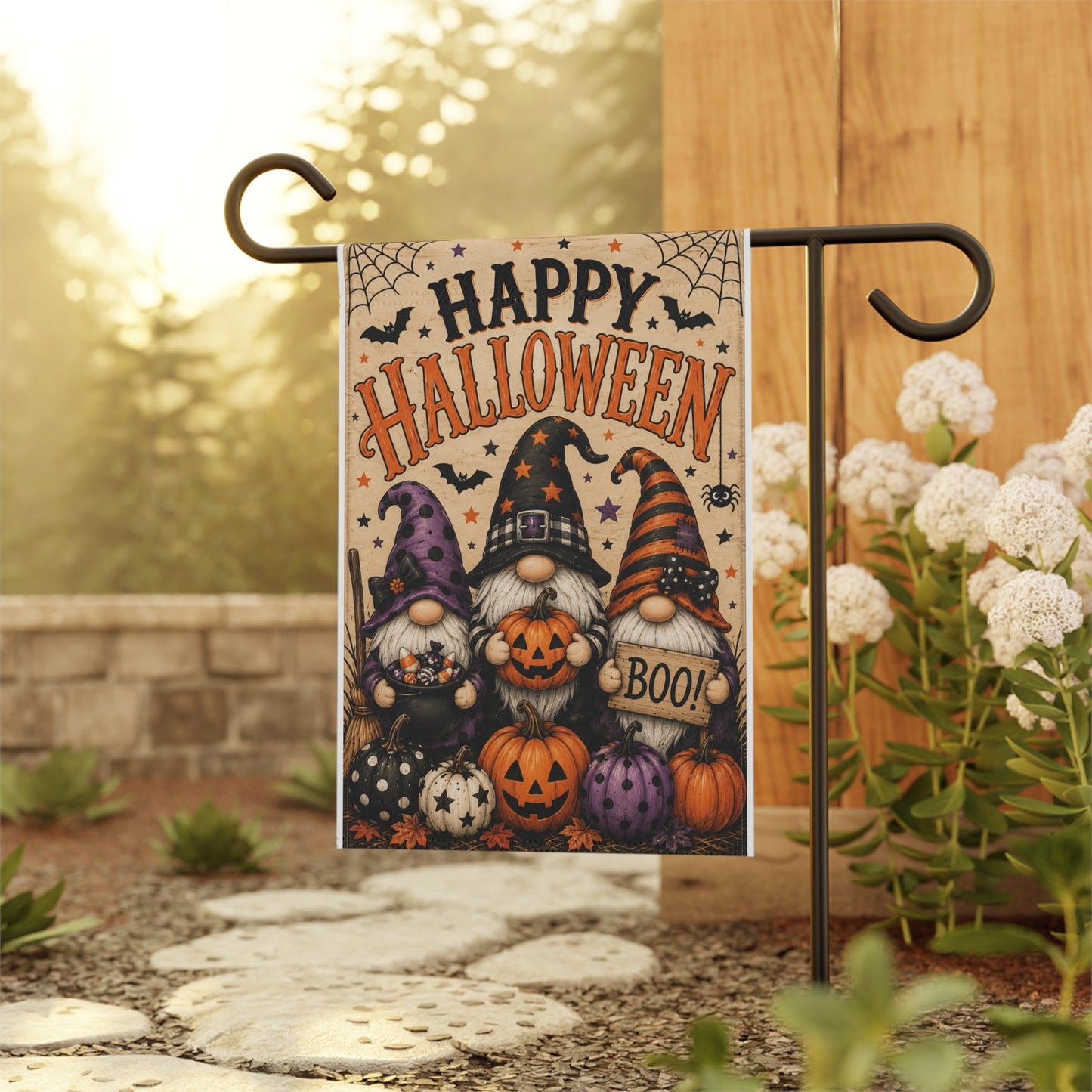 Happy Halloween Gnome Garden Flag - Cute Pumpkin Boo Fall Yard Banner