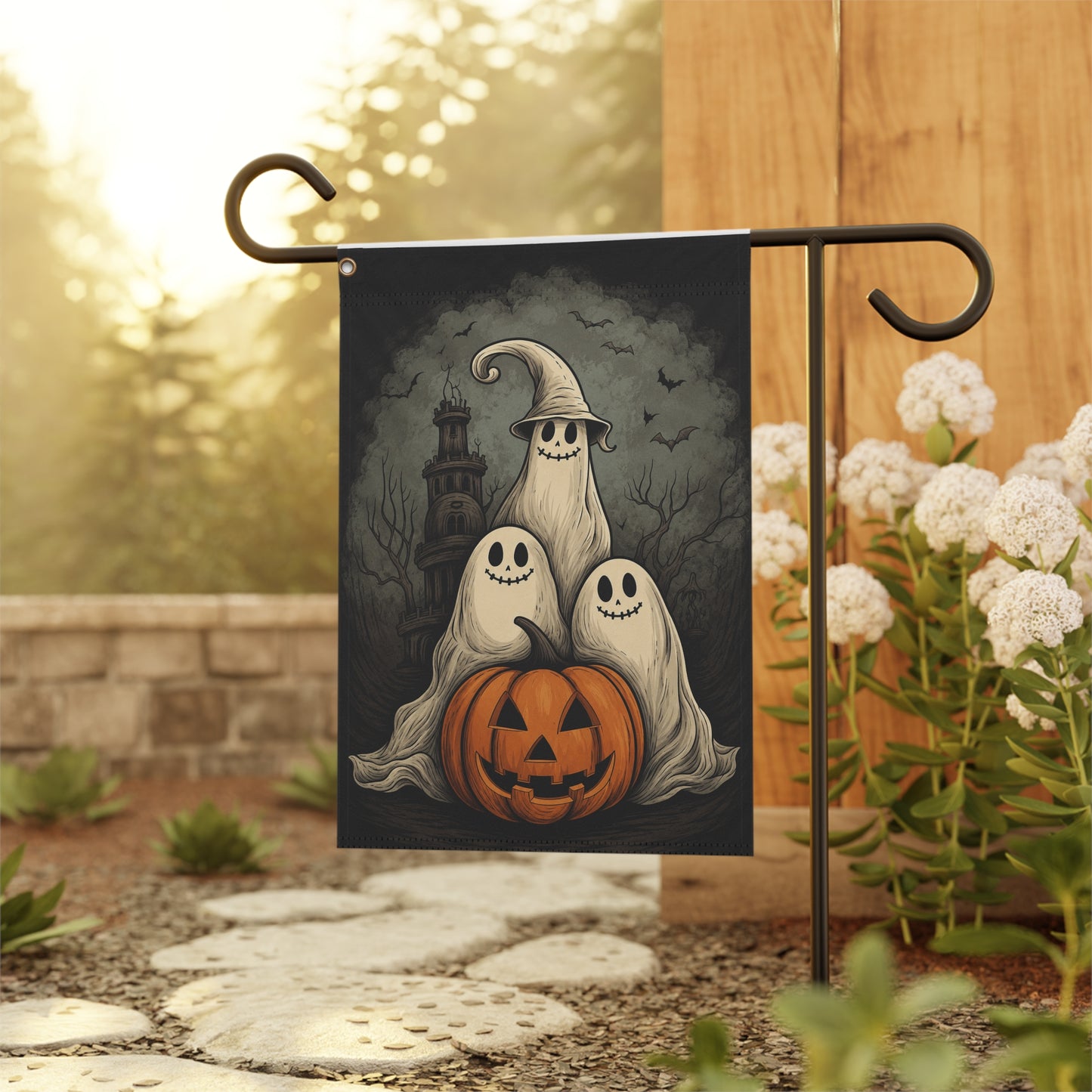 Halloween Ghosts Garden Flag — Jack-o'-Lantern Trio Outdoor Yard Banner