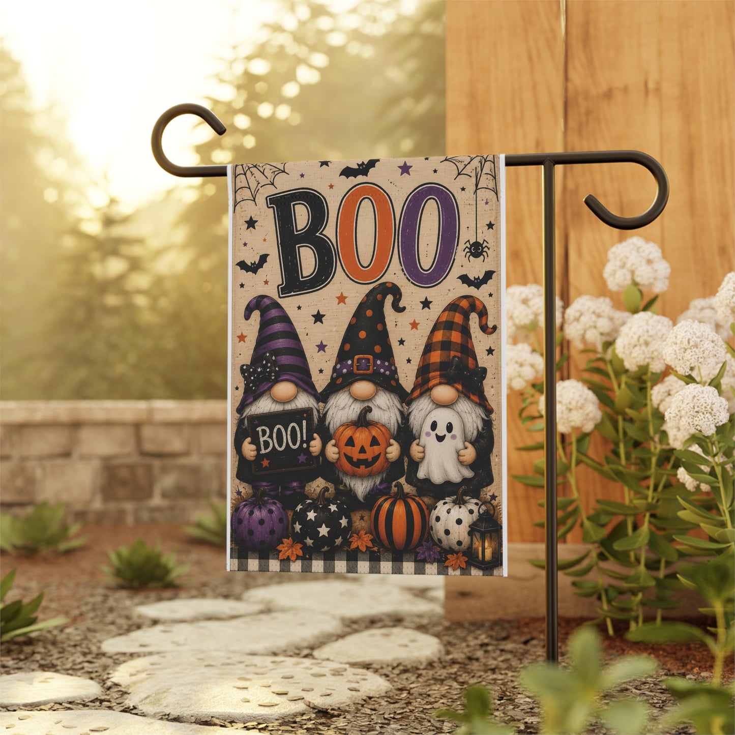 Halloween Gnome Garden Flag - 'BOO' Pumpkin & Ghost Outdoor House Banner