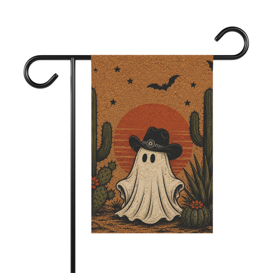 Halloween Western Ghost Garden Flag — Cowboy Ghost with Cacti & Sunset