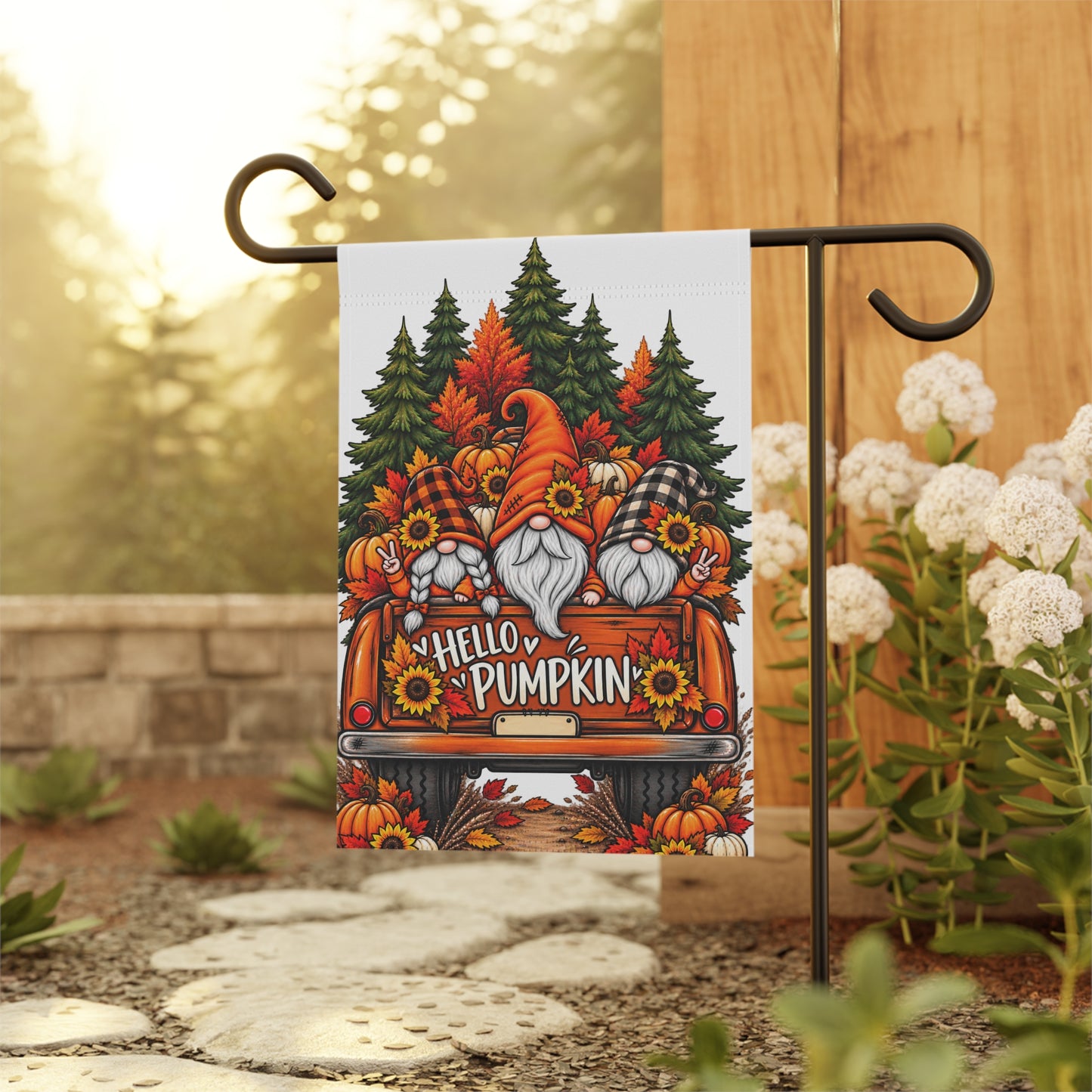 Hello Pumpkin Fall Garden Flag – Autumn Gnome Truck Yard Banner