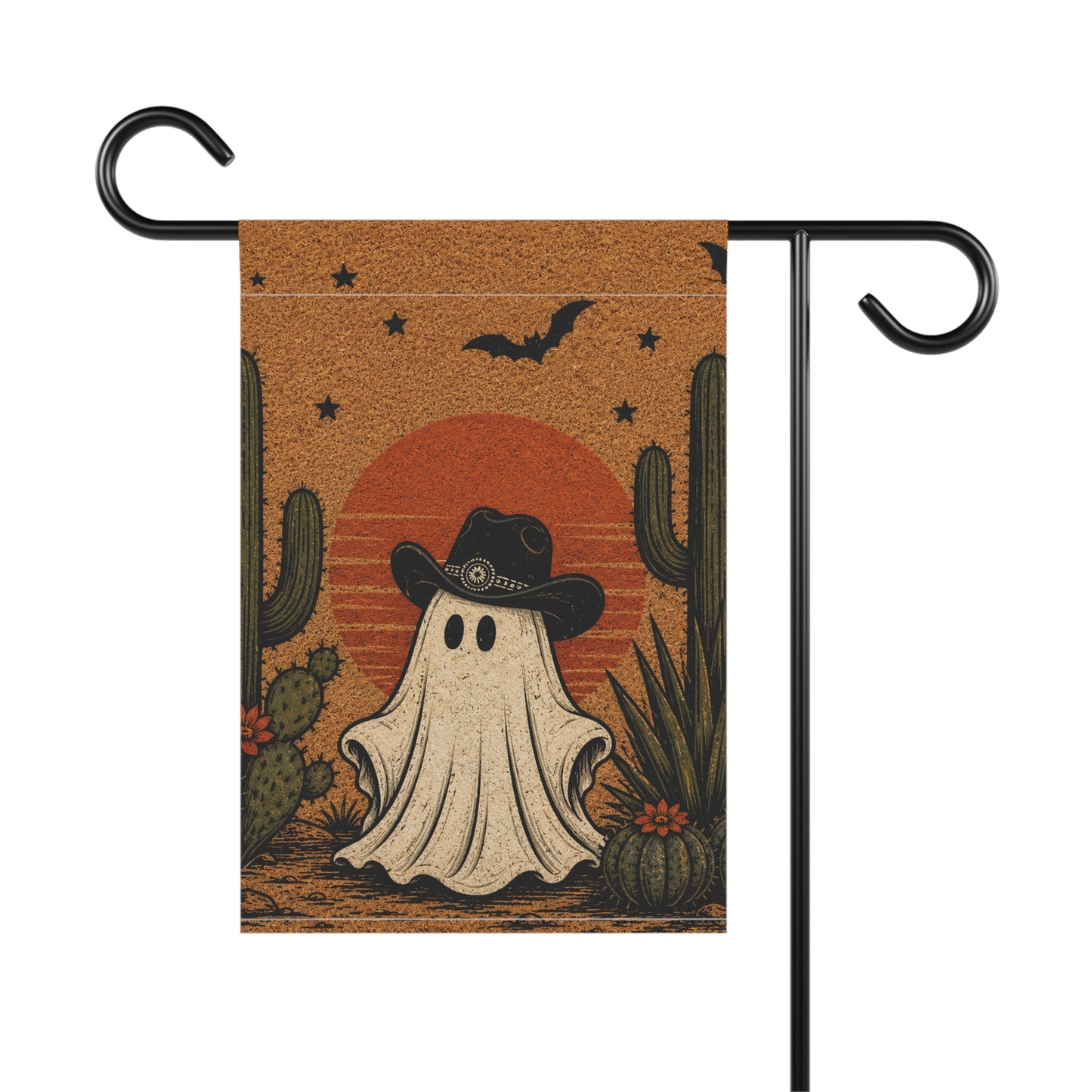 Halloween Western Ghost Garden Flag — Cowboy Ghost with Cacti & Sunset