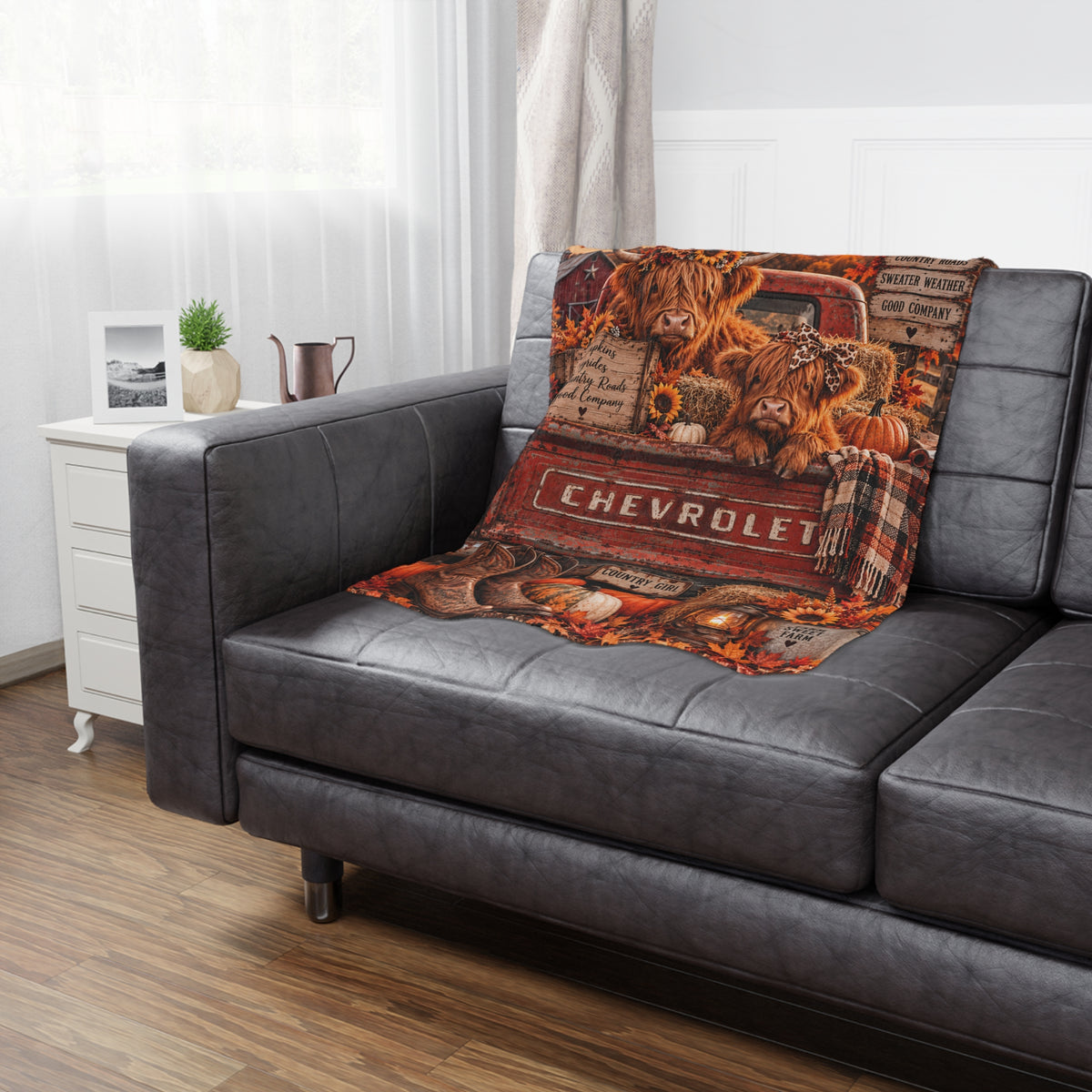 Autumn Farmhouse Minky Blanket - Vintage Chevrolet Pumpkins & Highland Cows