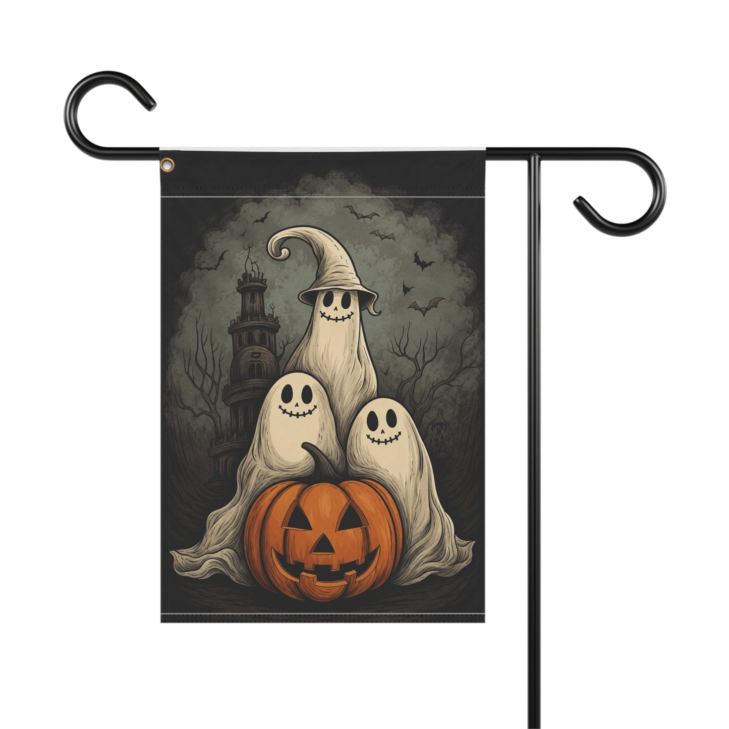 Halloween Ghosts Garden Flag — Jack-o'-Lantern Trio Outdoor Yard Banner