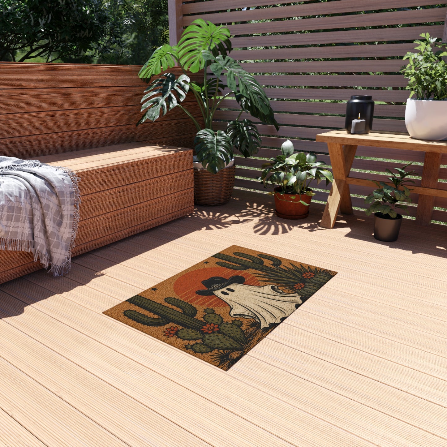 Halloween Desert Ghost Outdoor Rug — Cowboy Ghost Doormat with Cacti & Sunset