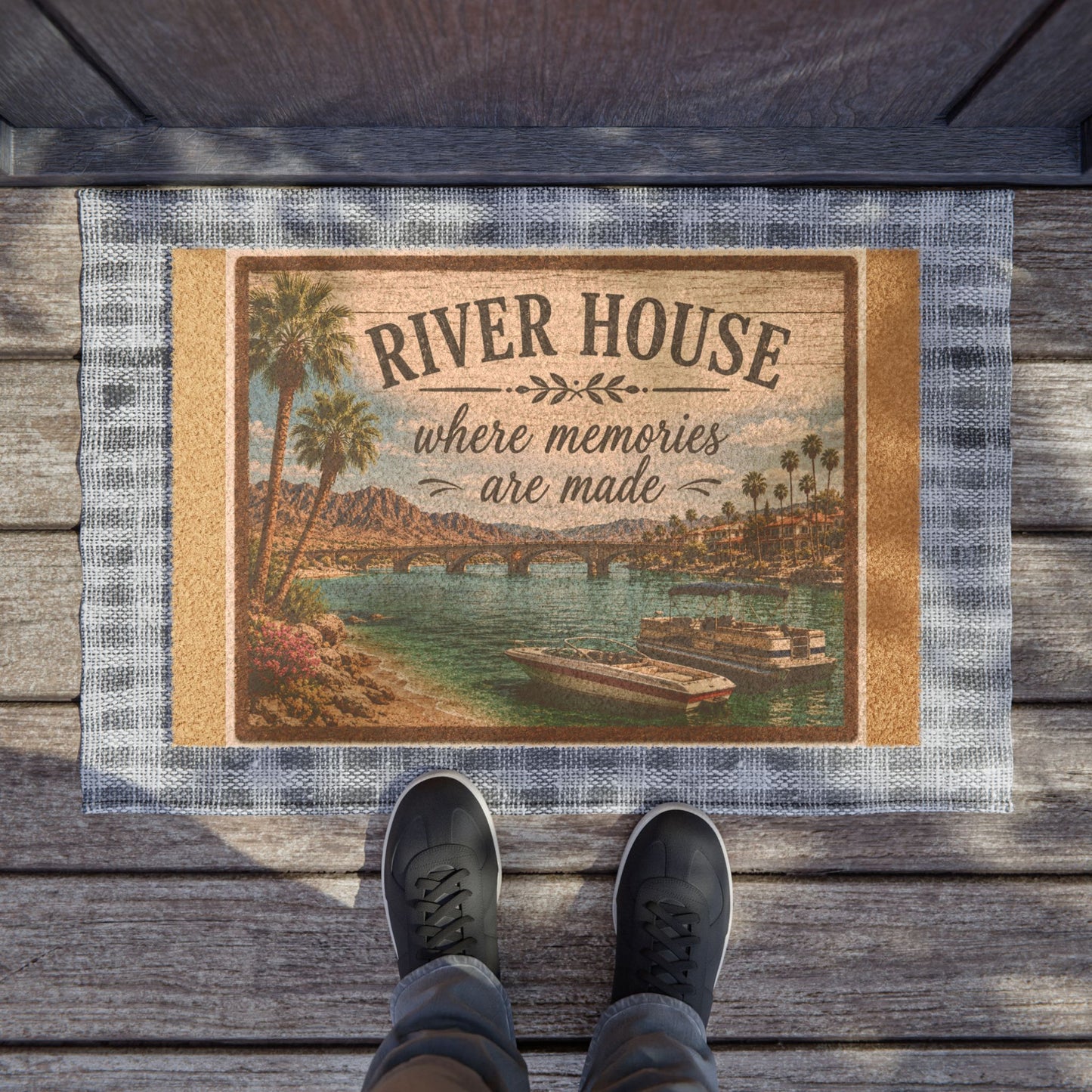 River House Doormat — "Where Memories Are Made" Vintage Riverside Welcome Mat