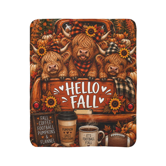 Hello Fall Sherpa Blanket — Cozy Autumn Highland Cow Throw