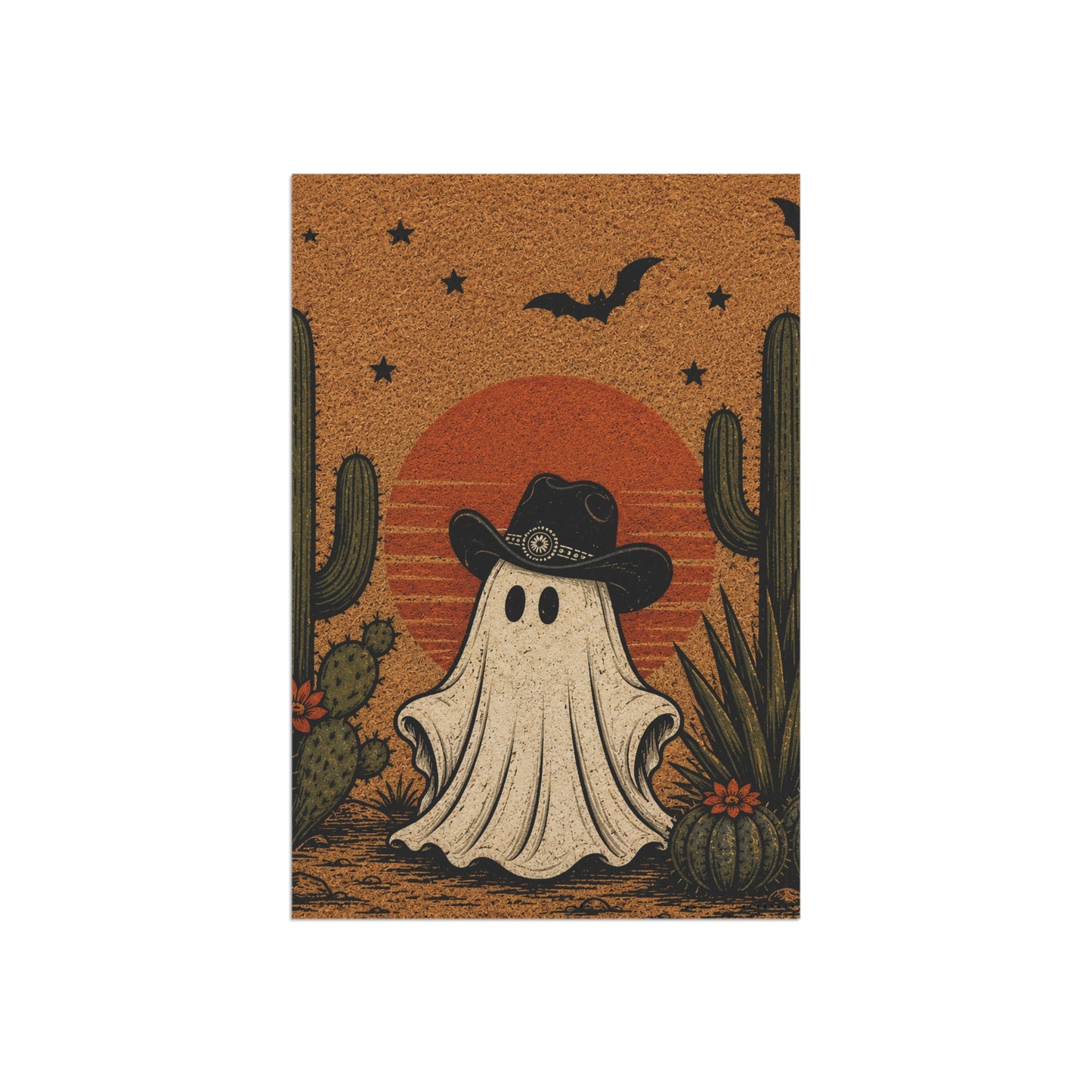 Halloween Western Ghost Garden Flag — Cowboy Ghost with Cacti & Sunset