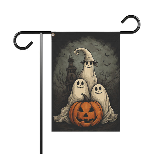 Halloween Ghosts Garden Flag — Jack-o'-Lantern Trio Outdoor Yard Banner