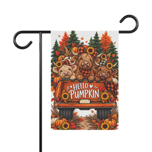 Hello Pumpkin Garden Flag — Autumn Truck with Sunflower Highland Cows
