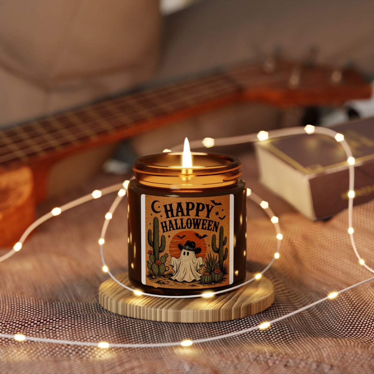 Halloween Ghost Amber Soy Candle — "Happy Halloween" Scented Jar