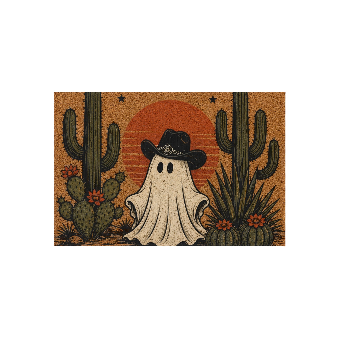 Halloween Desert Ghost Outdoor Rug — Cowboy Ghost Doormat with Cacti & Sunset