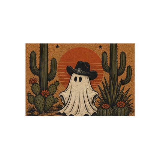 Halloween Desert Ghost Outdoor Rug — Cowboy Ghost Doormat with Cacti & Sunset