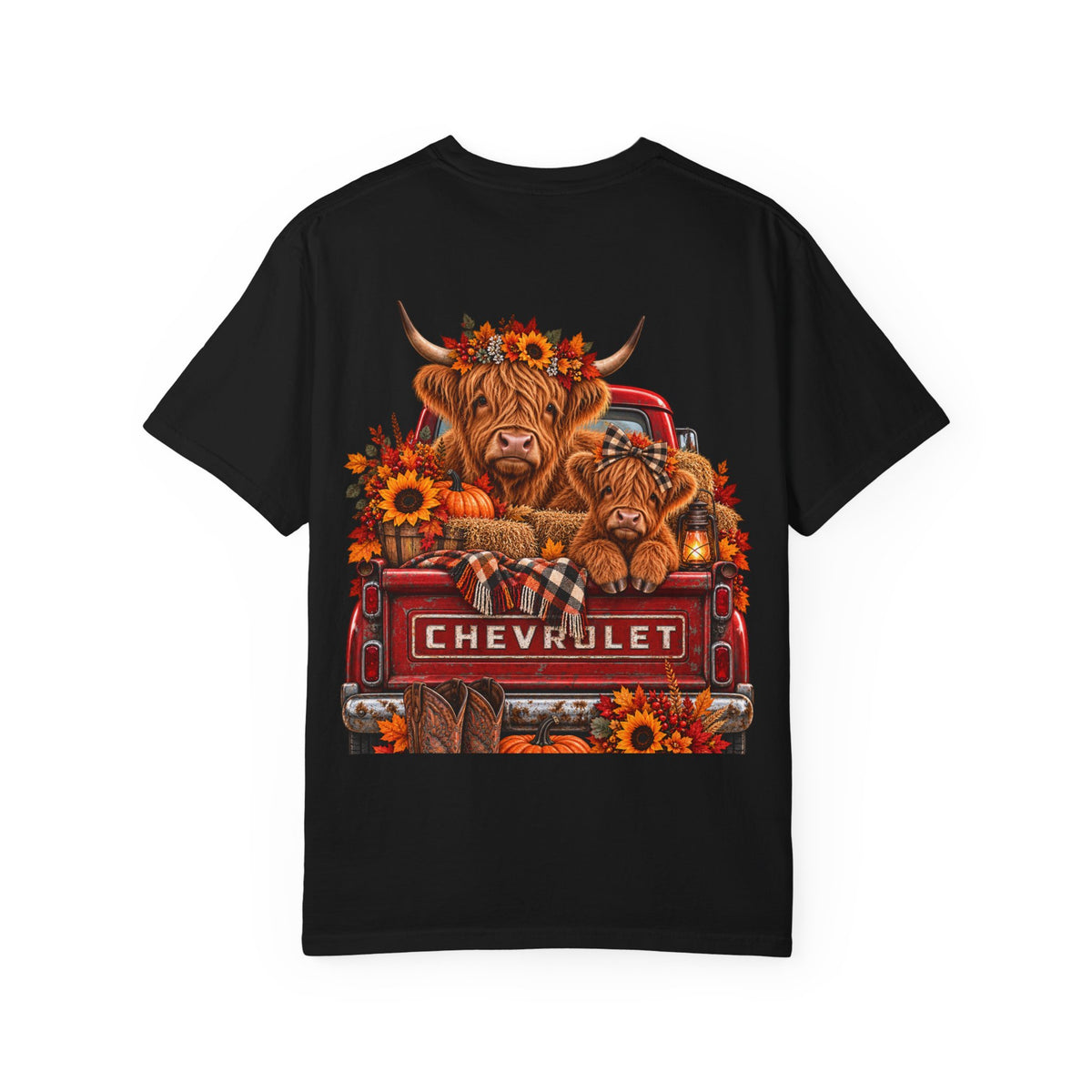 Chevrolet Fall Truck T-Shirt — Highland Cow & Pumpkin Autumn Graphic Tee