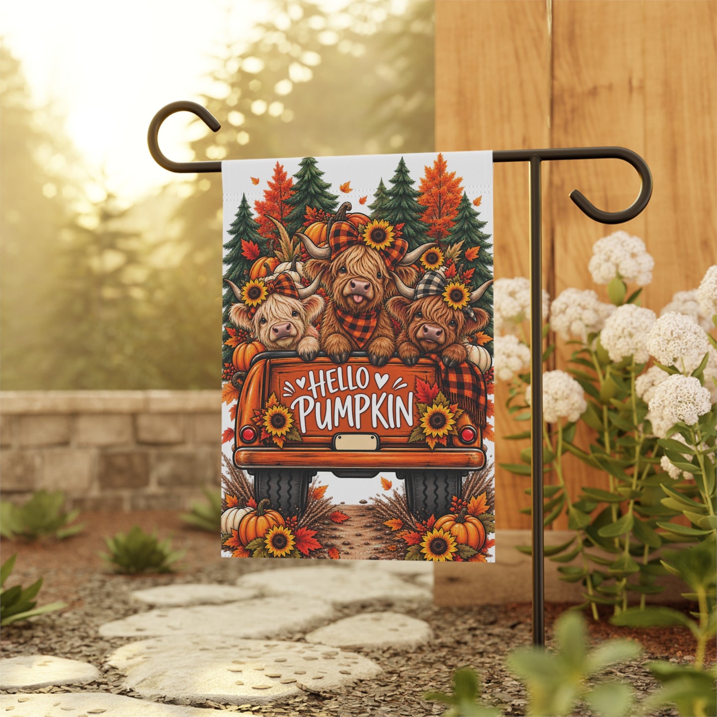 Hello Pumpkin Garden Flag — Autumn Truck with Sunflower Highland Cows