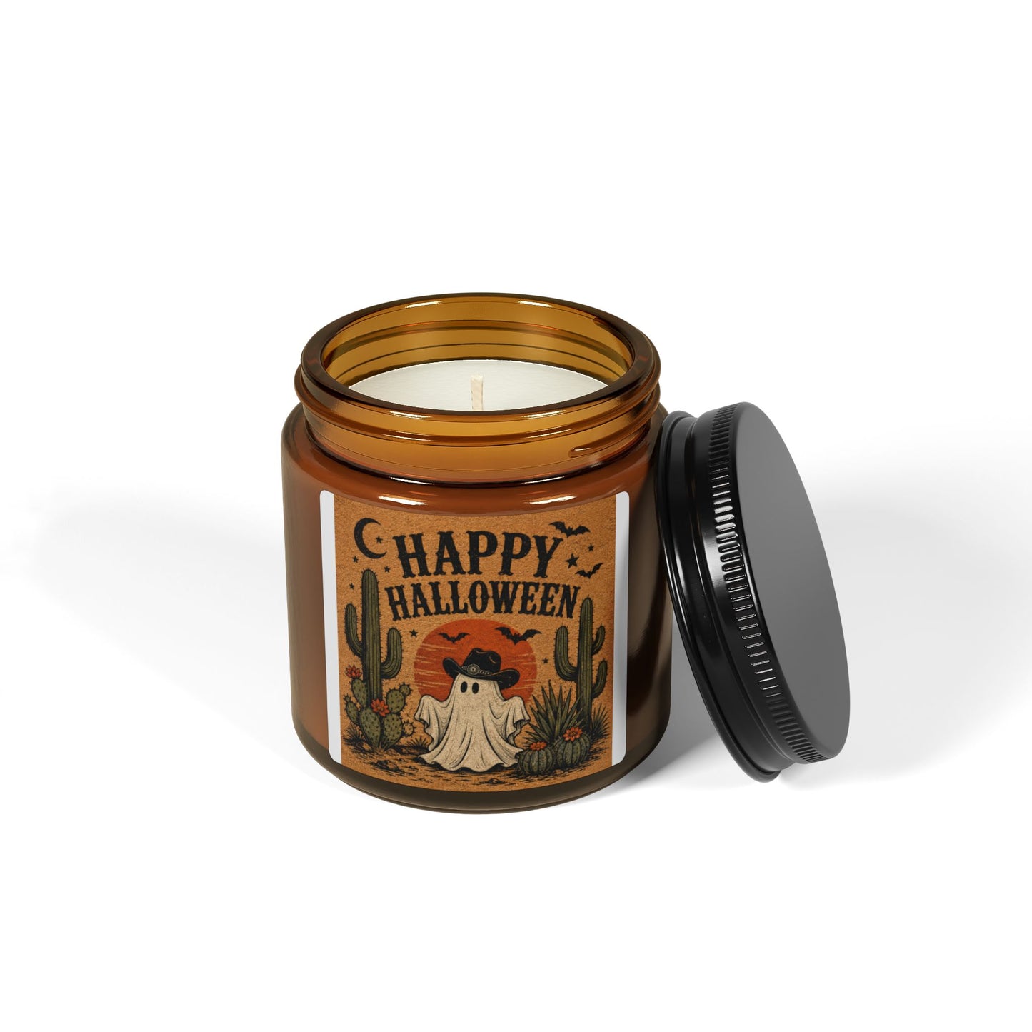 Halloween Ghost Amber Soy Candle — "Happy Halloween" Scented Jar