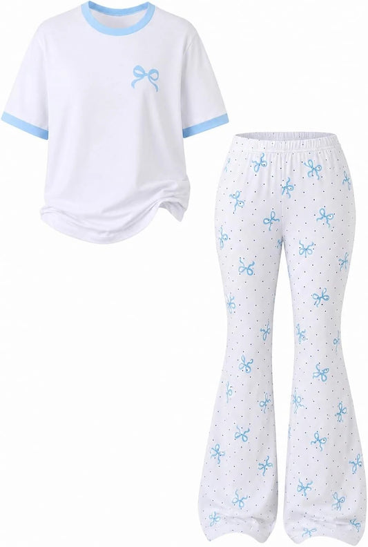 KIDLAGA Bow Print Flare Pant Set
