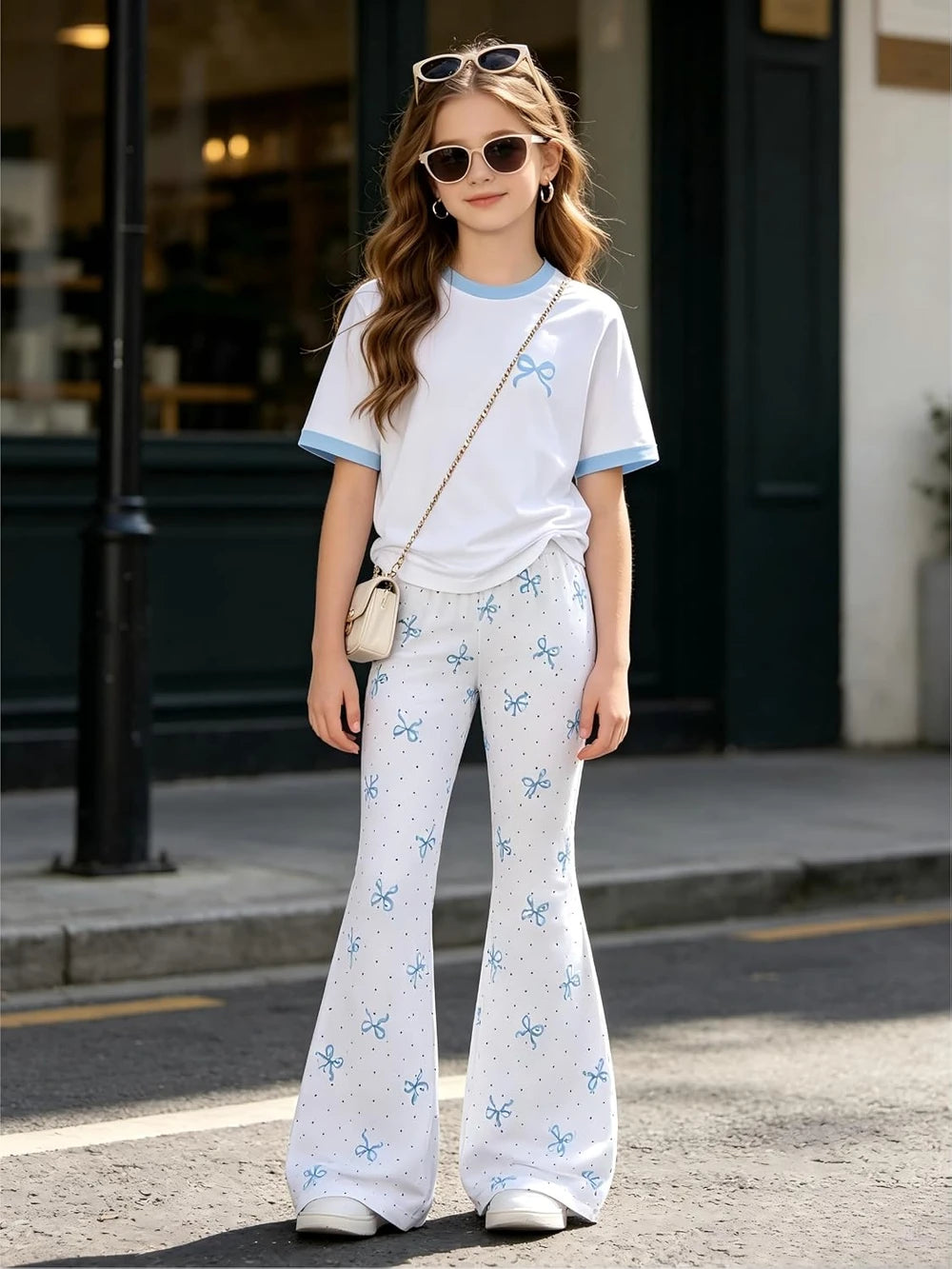 KIDLAGA Bow Print Flare Pant Set