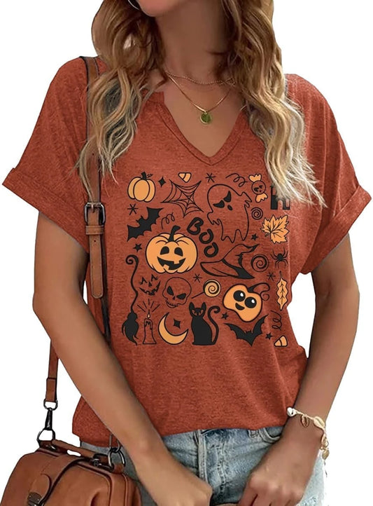 Vintage Halloween Graphic V Neck Shirt