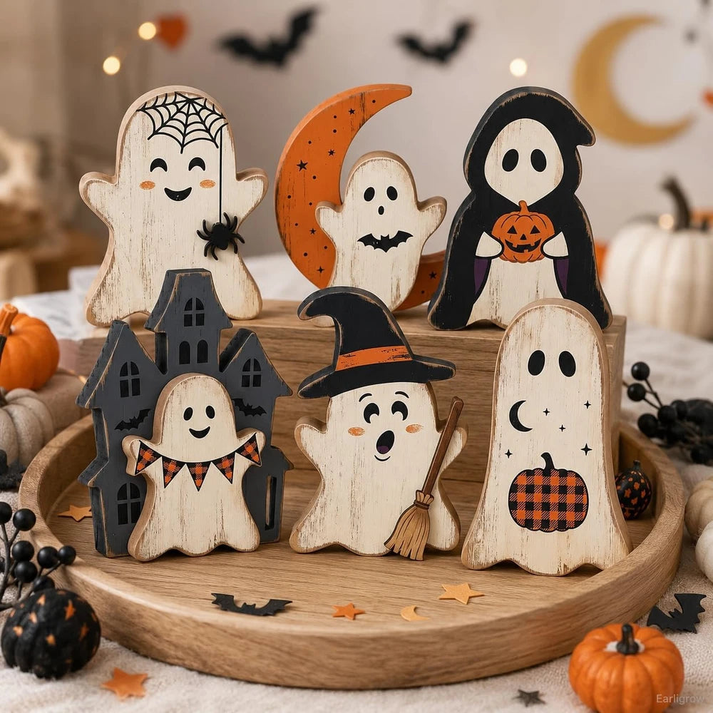 Rustic Wooden Halloween Ghost Set