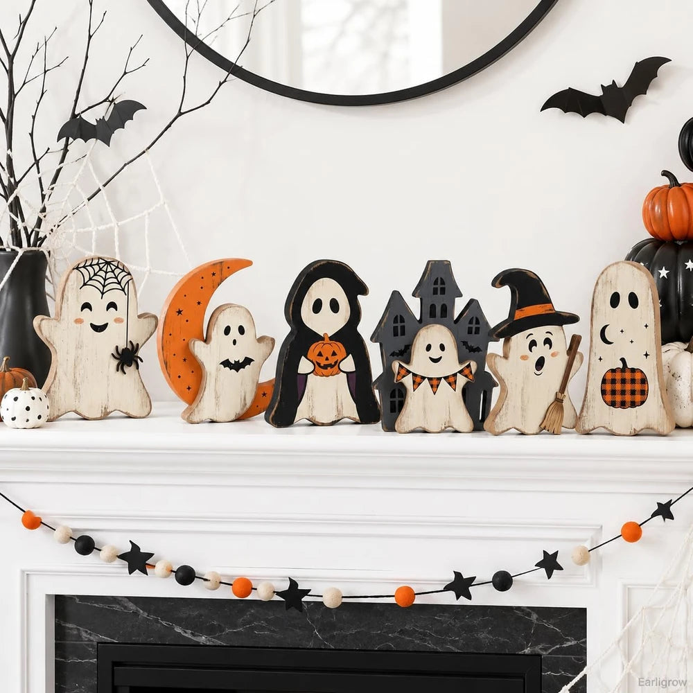 Rustic Wooden Halloween Ghost Set