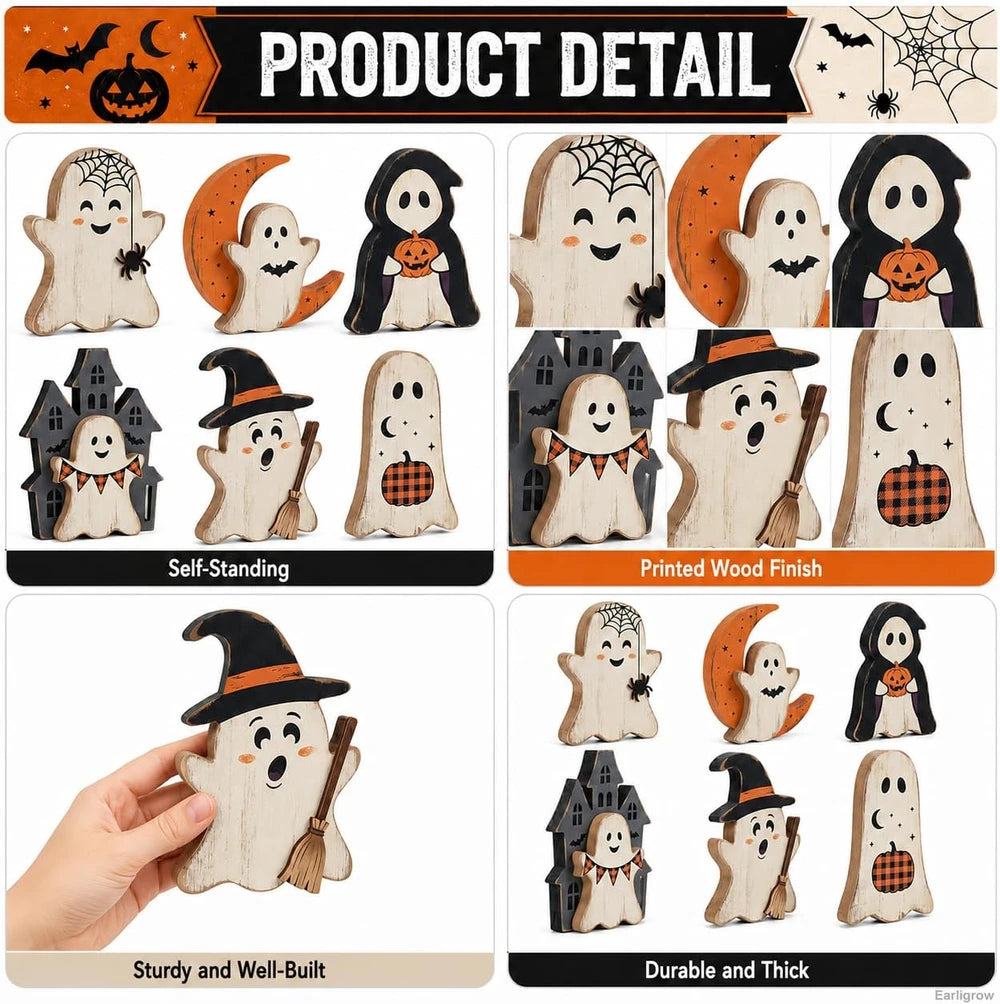 Rustic Wooden Halloween Ghost Set