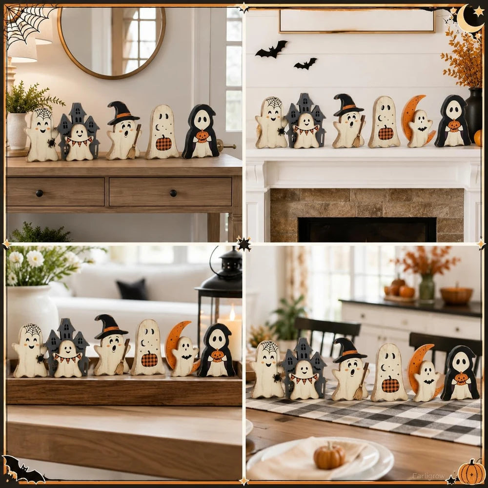 Rustic Wooden Halloween Ghost Set
