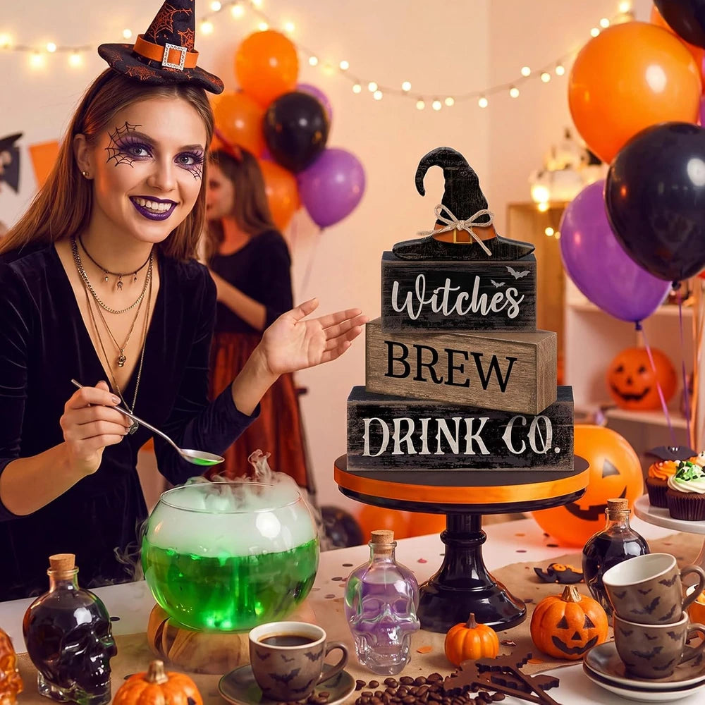 Wooden Halloween Witch Tiered Tray Decor