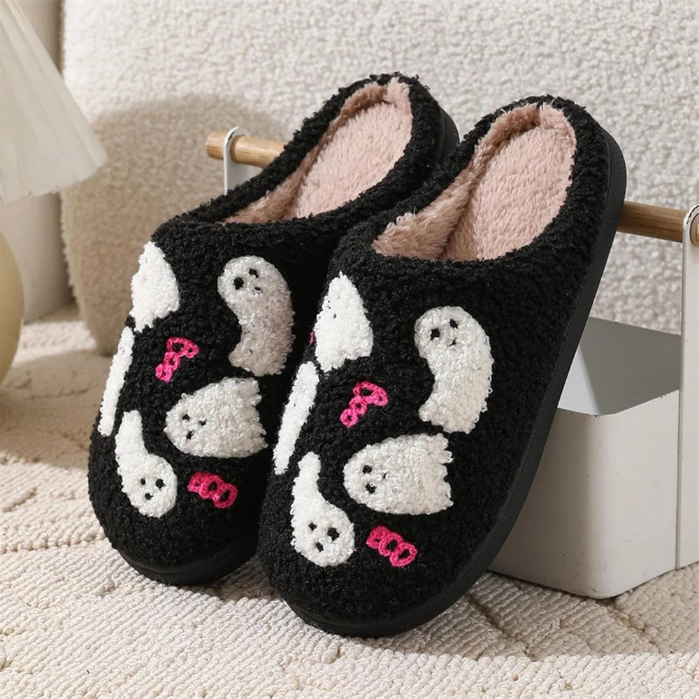 Fuzzy Halloween Ghost House Slippers
