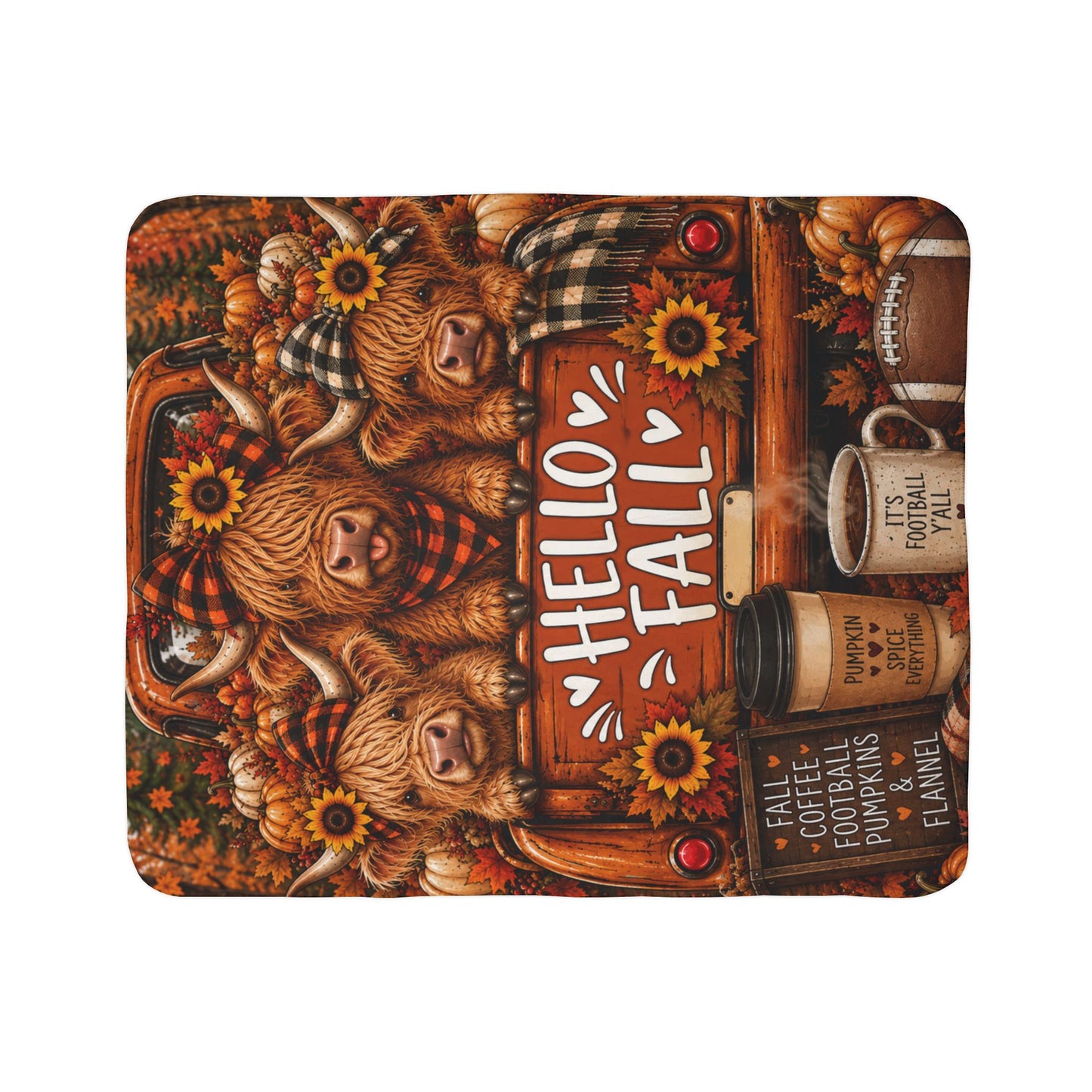 Hello Fall Sherpa Blanket — Cozy Autumn Highland Cow Throw