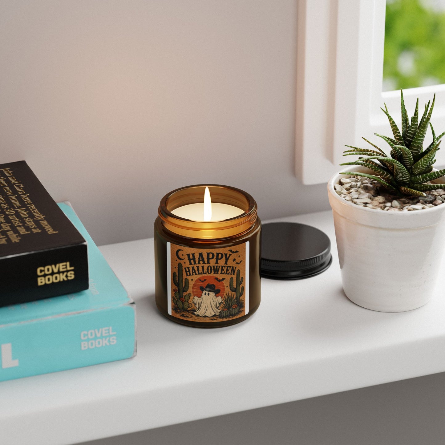 Halloween Ghost Amber Soy Candle — "Happy Halloween" Scented Jar