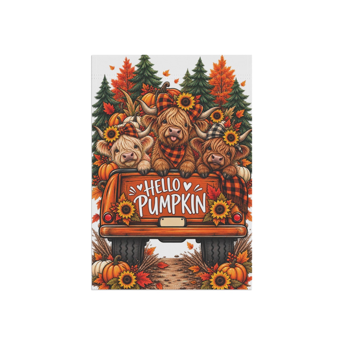 Hello Pumpkin Garden Flag — Autumn Truck with Sunflower Highland Cows
