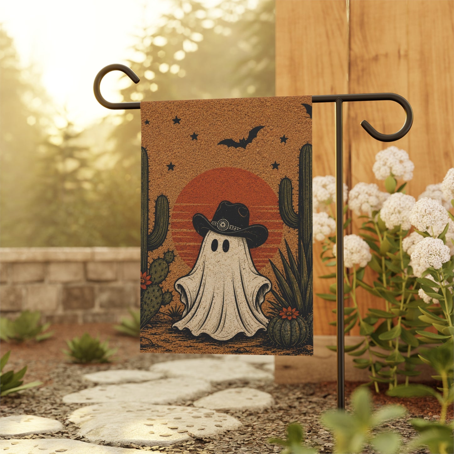 Halloween Western Ghost Garden Flag — Cowboy Ghost with Cacti & Sunset