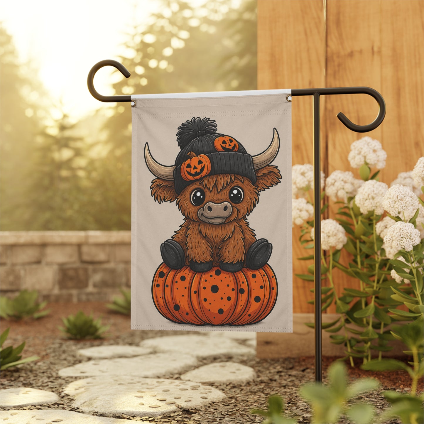 Halloween Highland Cow Pumpkin Garden Flag — Cute Fall House Banner