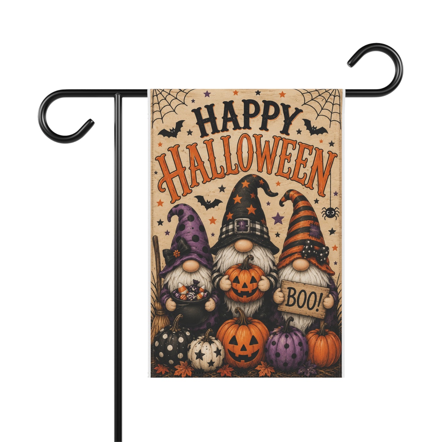 Happy Halloween Gnome Garden Flag - Cute Pumpkin Boo Fall Yard Banner