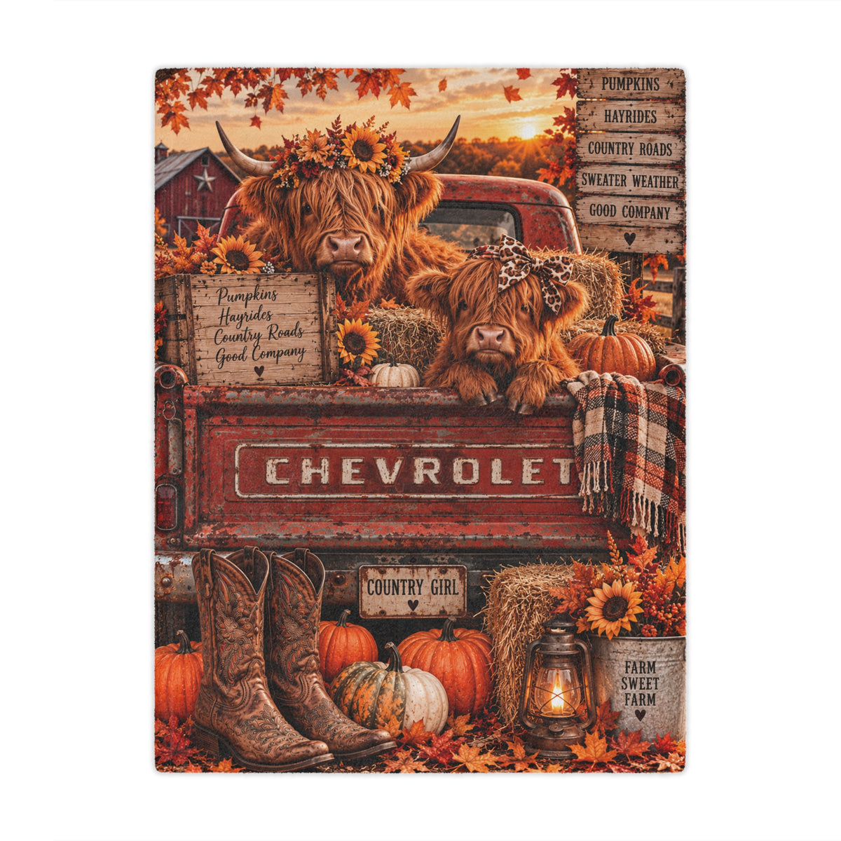 Autumn Farmhouse Minky Blanket - Vintage Chevrolet Pumpkins & Highland Cows