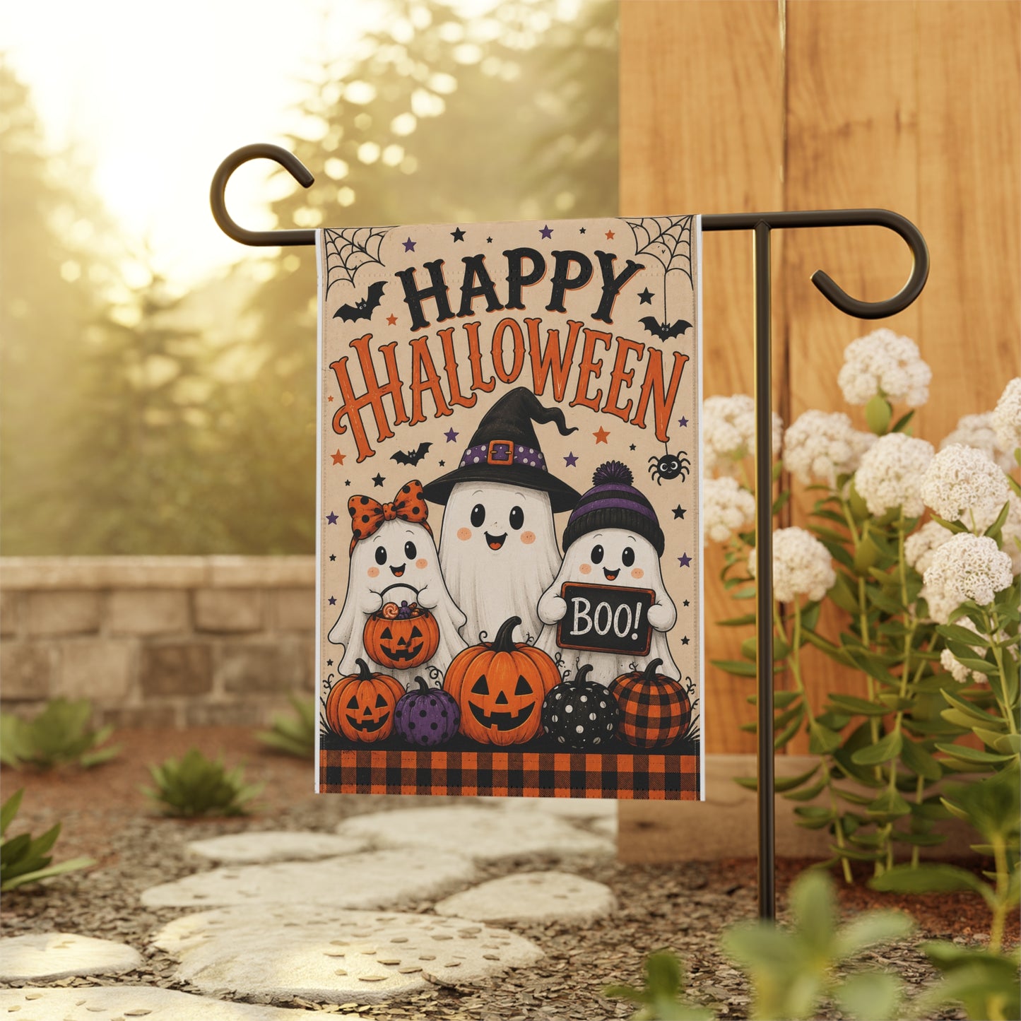 Happy Halloween Ghost Garden Flag – Cute Pumpkin & Boo Yard Banner