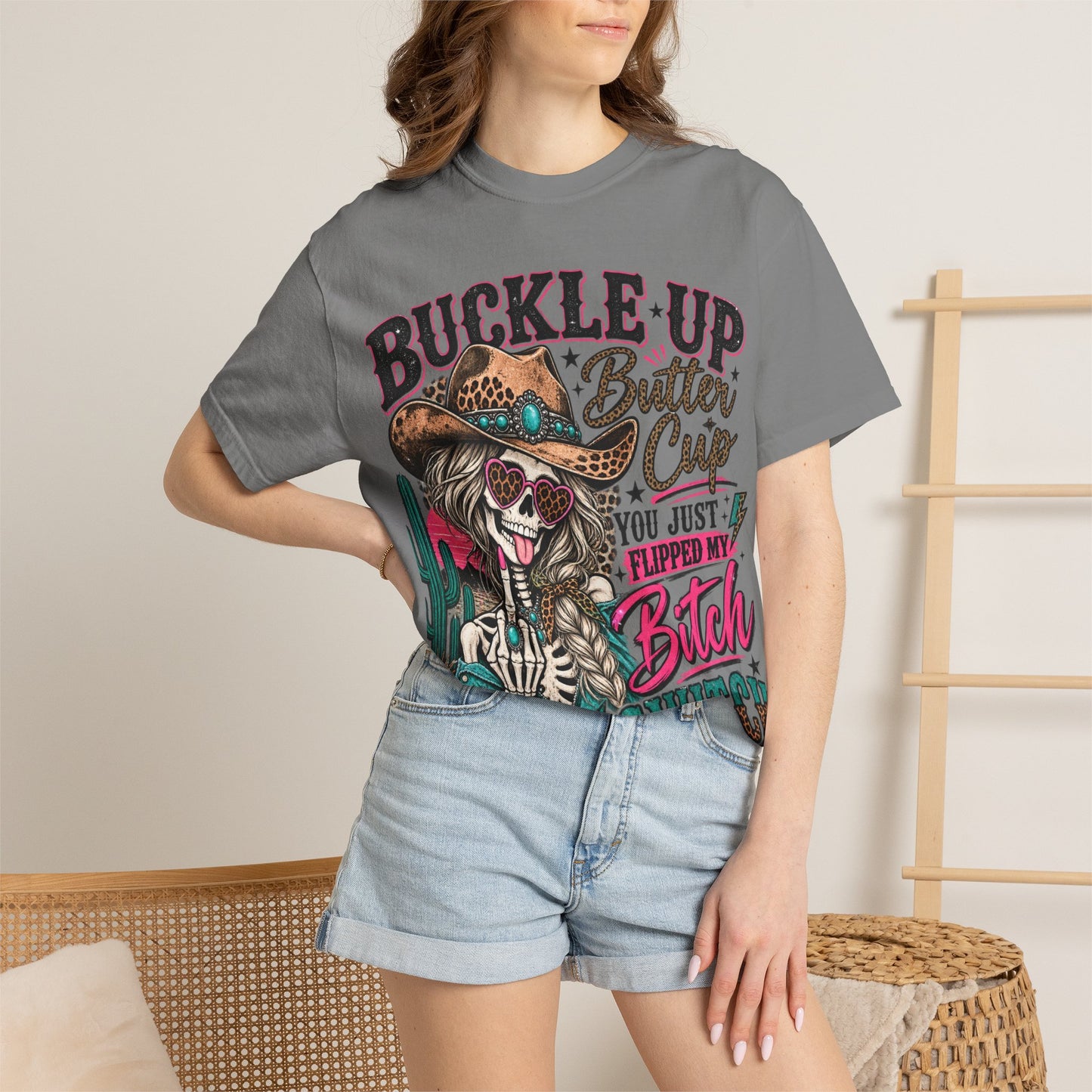 Buckle Up Buttercup T-Shirt — 'You Just Flipped My Bitch Switch' Western Skull Tee