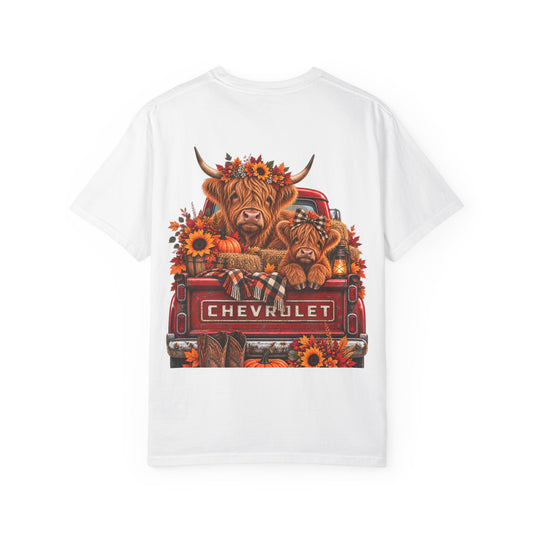 Chevrolet Fall Truck T-Shirt — Highland Cow & Pumpkin Autumn Graphic Tee
