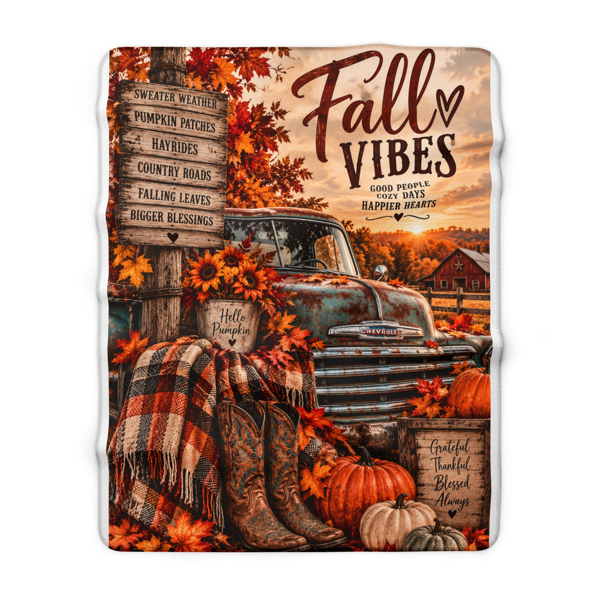 Fall Vibes Sherpa Fleece Blanket — Cozy Autumn Truck & Pumpkin Throw