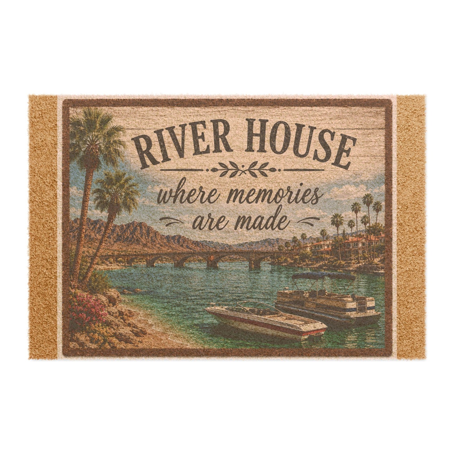 River House Doormat — "Where Memories Are Made" Vintage Riverside Welcome Mat