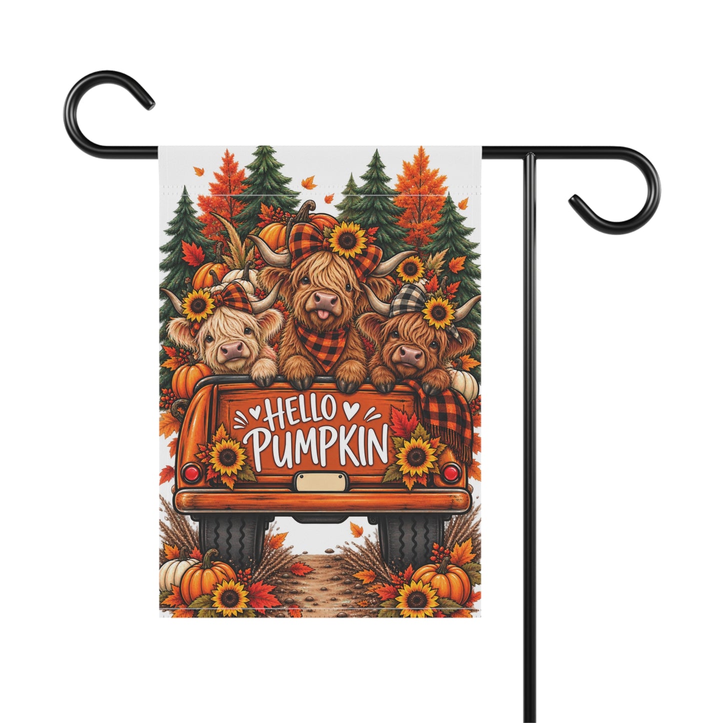 Hello Pumpkin Garden Flag — Autumn Truck with Sunflower Highland Cows