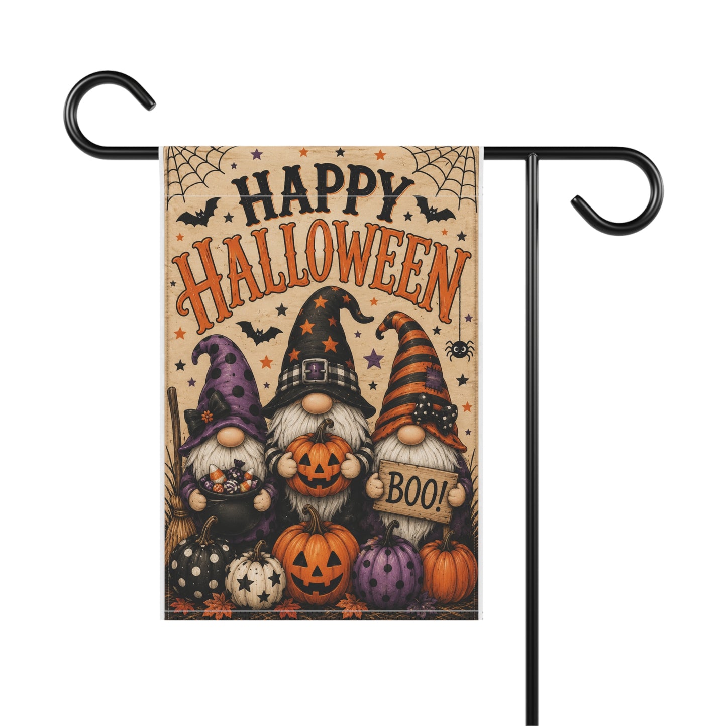 Happy Halloween Gnome Garden Flag - Cute Pumpkin Boo Fall Yard Banner