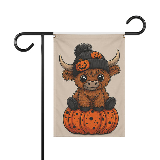 Halloween Highland Cow Pumpkin Garden Flag — Cute Fall House Banner