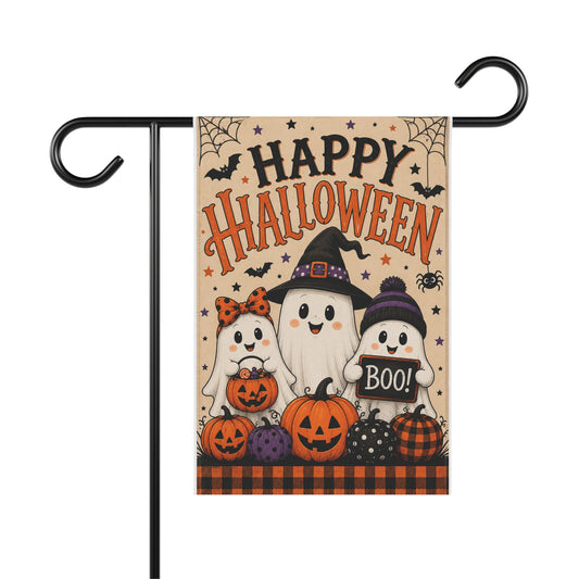 Happy Halloween Ghost Garden Flag – Cute Pumpkin & Boo Yard Banner