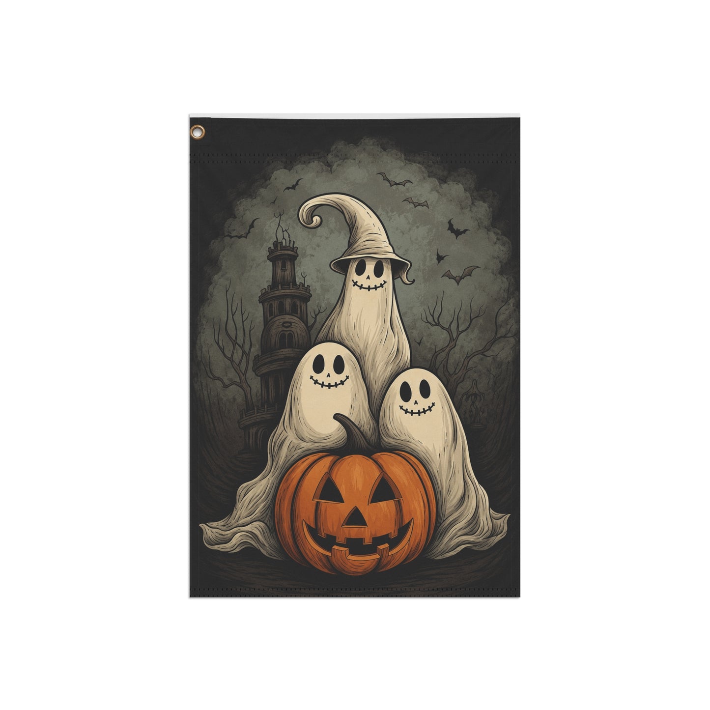 Halloween Ghosts Garden Flag — Jack-o'-Lantern Trio Outdoor Yard Banner