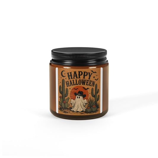 Halloween Ghost Amber Soy Candle — "Happy Halloween" Scented Jar